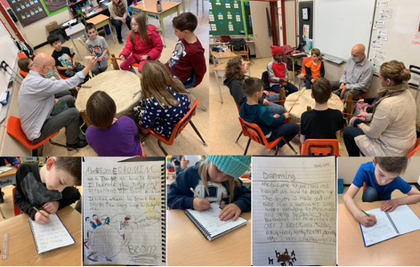 A collage of images of students learning about drumming 